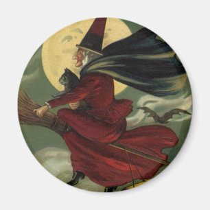 Vintage Halloween Witch Riding a Broom with Cat Magnet
