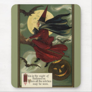 Vintage Halloween Witch Riding a Broom with Cat Mouse Pad