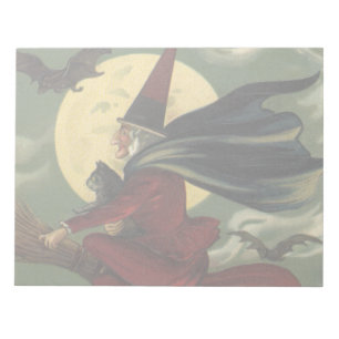 Vintage Halloween Witch Riding a Broom with Cat Notepad