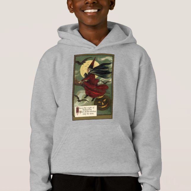 Vintage Halloween Witch Riding Broomstick with Cat (Front)