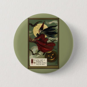Vintage Halloween Witch Riding Broomstick with Cat 6 Cm Round Badge
