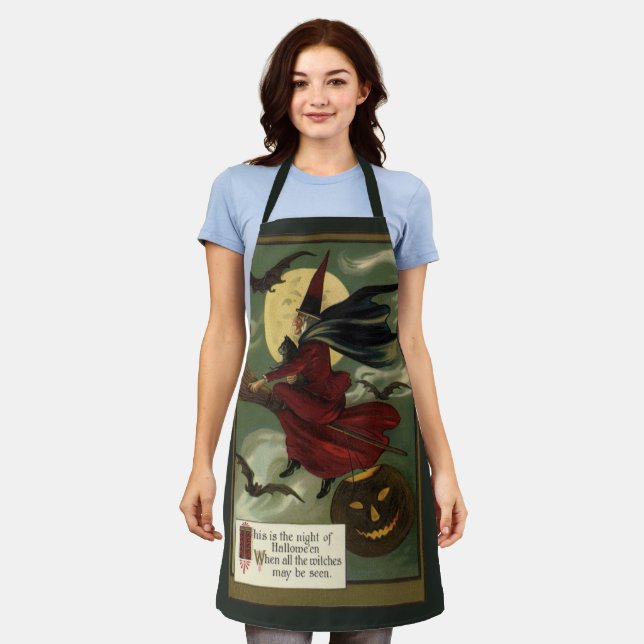 Vintage Halloween Witch Riding Broomstick with Cat Apron (Worn)
