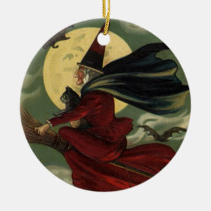 Vintage Halloween Witch Riding Broomstick with Cat Ceramic Tree Decoration