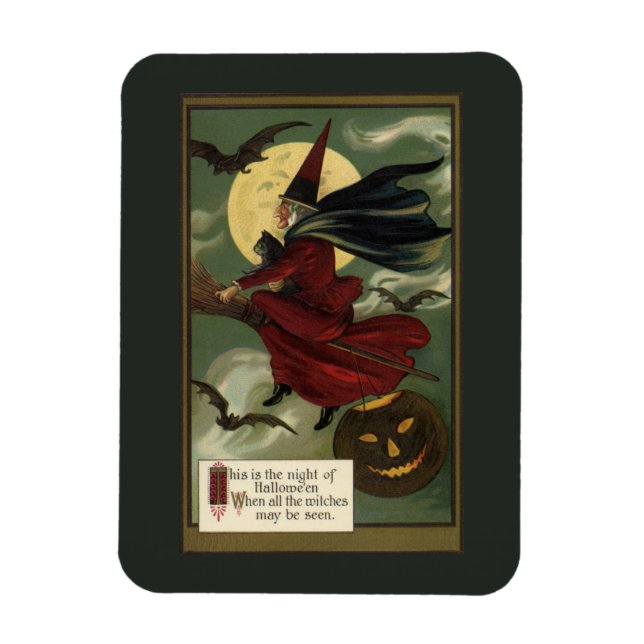 Vintage Halloween Witch Riding Broomstick with Cat Magnet (Vertical)