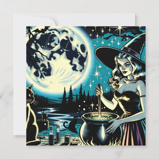 Vintage Halloween Witch stirring a Cauldron (Front)
