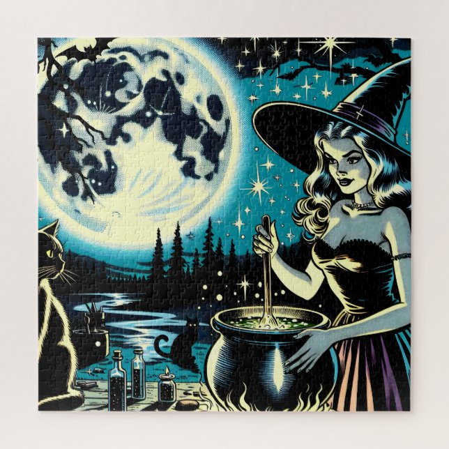 Vintage Halloween Witch stirring a Cauldron Jigsaw Puzzle (Vertical)