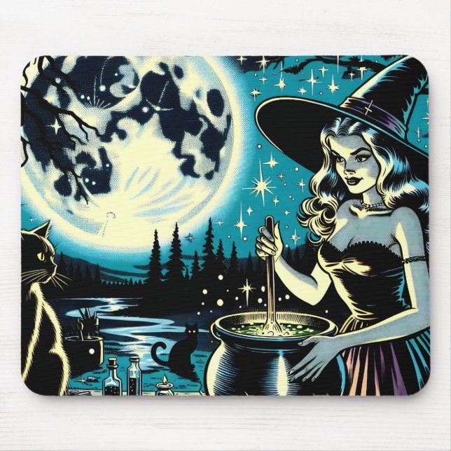 Vintage Halloween Witch stirring a Cauldron Mouse Pad (Front)