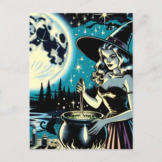 Vintage Halloween Witch stirring a Cauldron Postcard (Front)