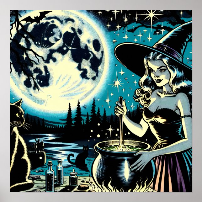 Vintage Halloween Witch stirring a Cauldron Poster (Front)