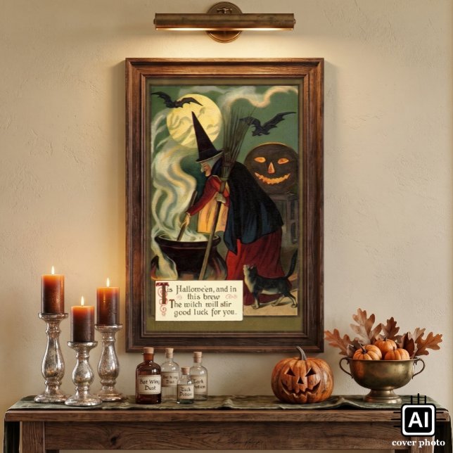 Vintage Halloween Witch Stirring Magic Caldron Poster (Vintage illustration Halloween design featuring a witch stirring her magic brew in a black cauldron.)