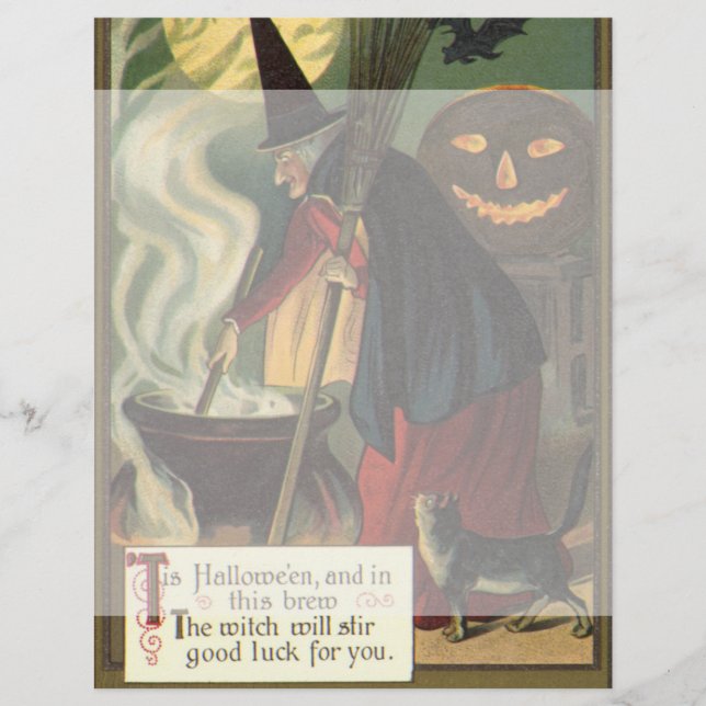 Vintage Halloween Witch Stirring Magic Cauldron (Front)