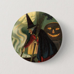 Vintage Halloween Witch Stirring Magic Cauldron 6 Cm Round Badge