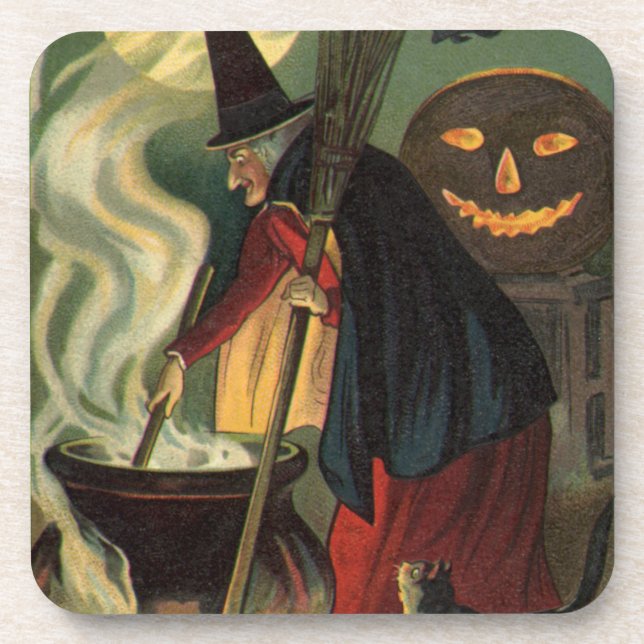 Vintage Halloween Witch Stirring Magic Cauldron Coaster (Front)