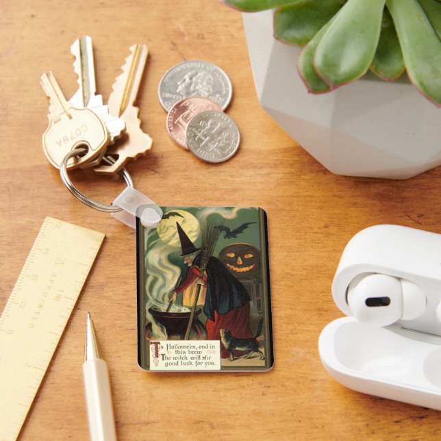 Vintage Halloween Witch Stirring Magic Cauldron Key Ring (Desk)