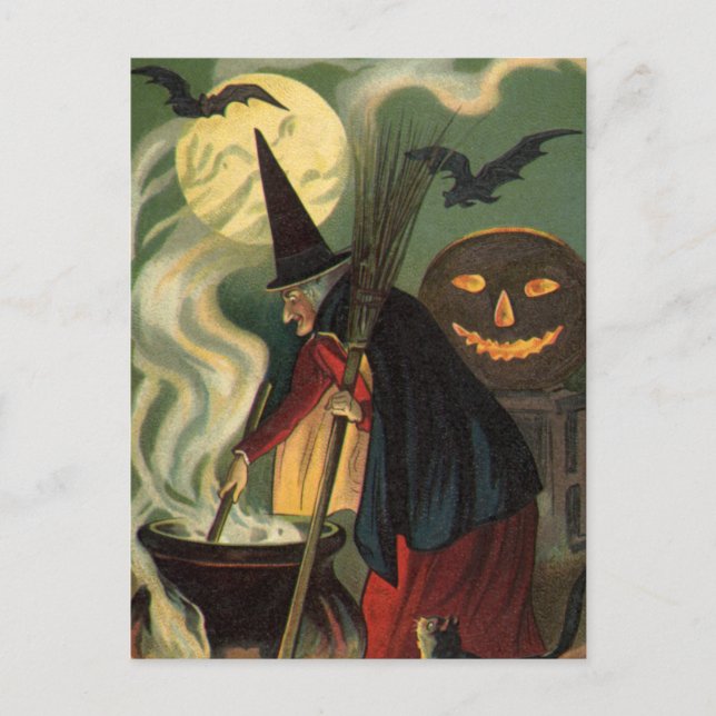 Vintage Halloween Witch Stirring Magic Cauldron Postcard (Front)