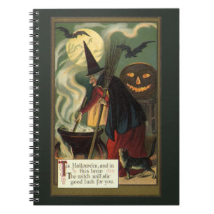Vintage Halloween Witch Stirring Magic Cauldron Spiral Notebook