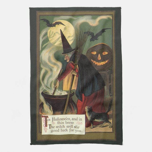 Vintage Halloween Witch Stirring Magic Cauldron Tea Towel (Vertical)