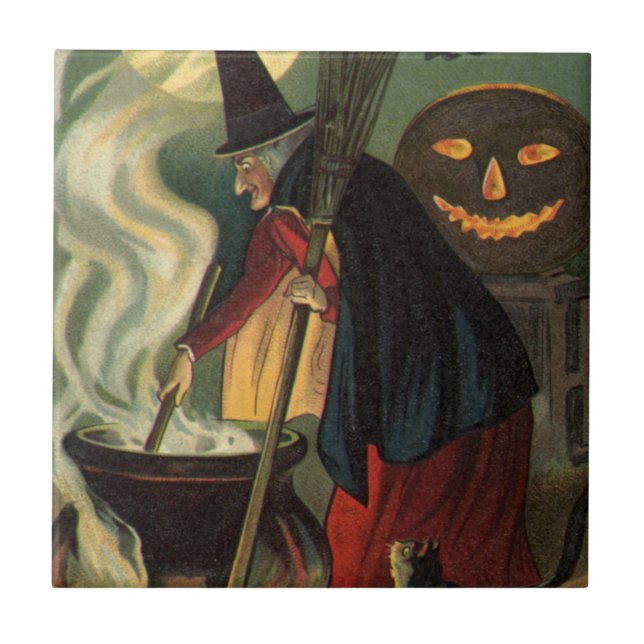 Vintage Halloween Witch Stirring Magic Cauldron Tile (Front)