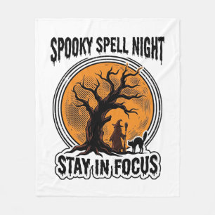 Vintage Halloween Witch Tree and Black Cat Graphic Fleece Blanket