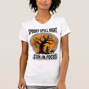 Vintage Halloween Witch Tree and Black Cat Graphic T-Shirt