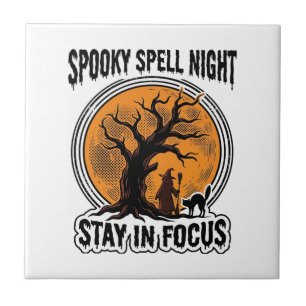 Vintage Halloween Witch Tree and Black Cat Graphic Tile