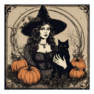 Vintage Halloween Witch with Black Cat, Pumpkins Poster