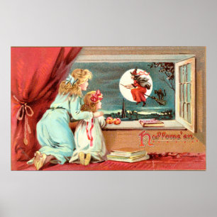 Vintage Halloween Witch with Broomstick Poster