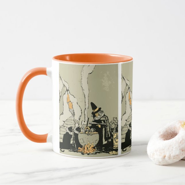 Vintage Halloween, Witch with Caldron and Cats Mug (With Donut)