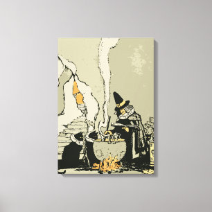 Vintage Halloween, Witch with Cauldron and Cats Canvas Print