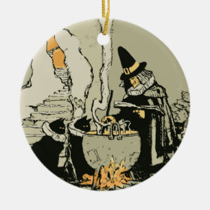Vintage Halloween, Witch with Cauldron and Cats Ceramic Tree Decoration