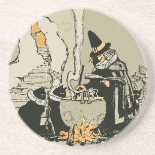 Vintage Halloween, Witch with Cauldron and Cats Coaster
