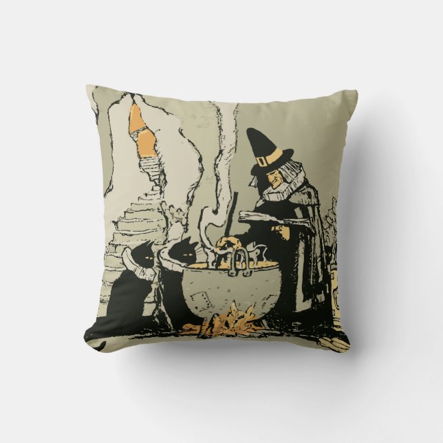 Vintage Halloween, Witch with Cauldron and Cats Cushion (Front)