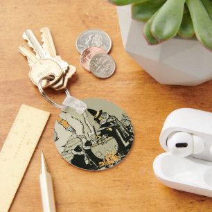 Vintage Halloween, Witch with Cauldron and Cats Key Ring