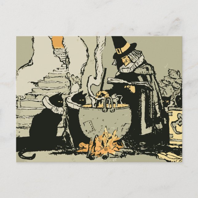 Vintage Halloween, Witch with Cauldron and Cats Postcard (Front)