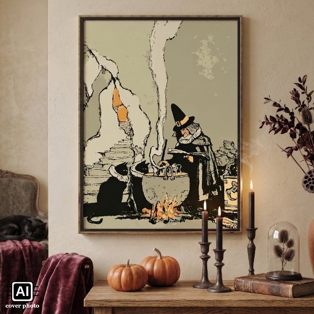 Vintage Halloween, Witch with Cauldron and Cats Poster (Vintage illustration Halloween design with black cats and a witch stirring a brew in a caldron.)