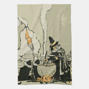 Vintage Halloween, Witch with Cauldron and Cats Tea Towel