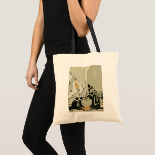Vintage Halloween, Witch with Cauldron and Cats Tote Bag