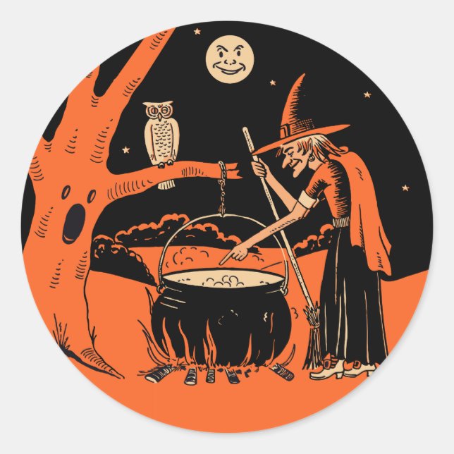 Vintage Halloween Witch with Cauldron Stickers (Front)