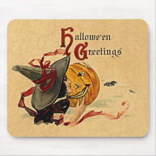 Vintage Halloween Witch With Red Ribbons Mouse Pad