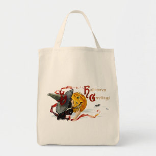 Vintage Halloween Witch With Red Ribbons Tote Bag