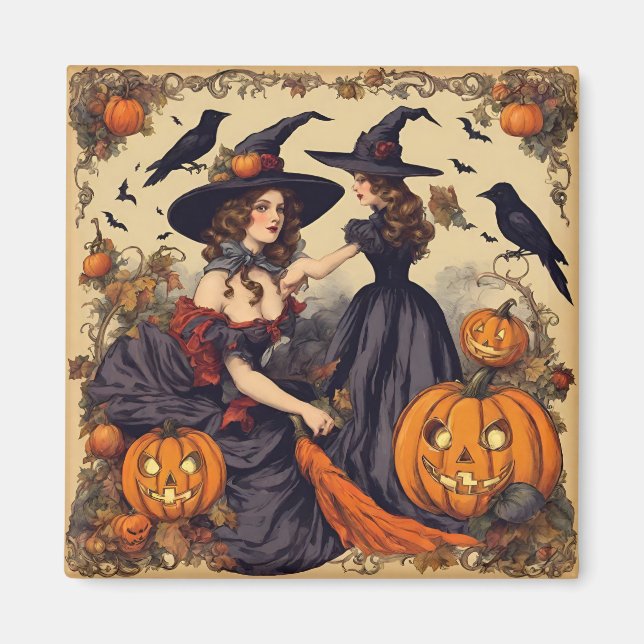 Vintage Halloween Witches and Jack-O'-Lantern Magnet (Front)
