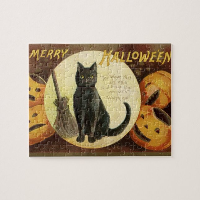 Vintage Halloween Witch's Black Cat & Pumpkins Jigsaw Puzzle (Horizontal)