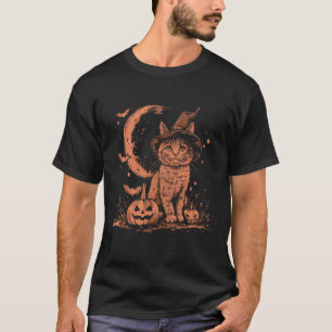 Vintage Halloween Witchy Black Cat Pumpkin Girls W T-Shirt