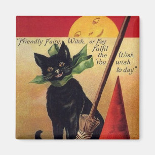 Vintage Halloween with a Black Cat and Witch's Hat Magnet