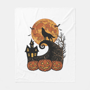 Vintage Halloween Wolf Moon Pumpkin Shirt Design_1 Fleece Blanket