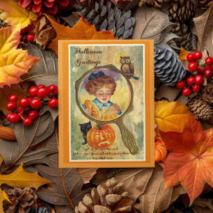 Vintage Halloween Woman, Pumpkin, and Owl Card