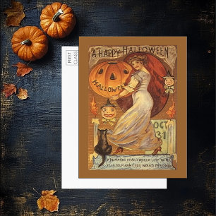 Vintage Halloween Woman Pumpkin Black Cat Postcard