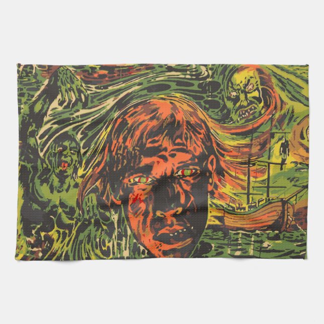 Vintage Halloween Zombies, Grafitti Street Art Tea Towel (Horizontal)