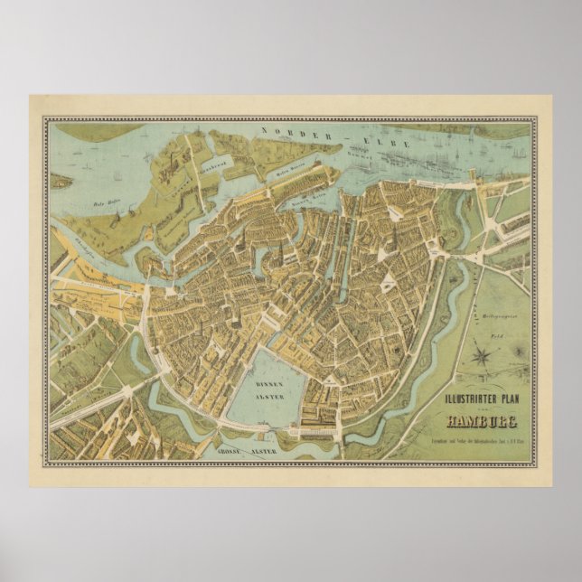 Vintage Hamburg Germany Map (1854) Poster (Front)