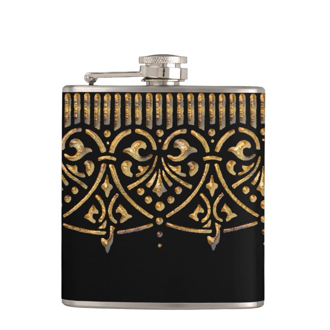 Vintage Hammered Gold on Black Hip Flask (Front)